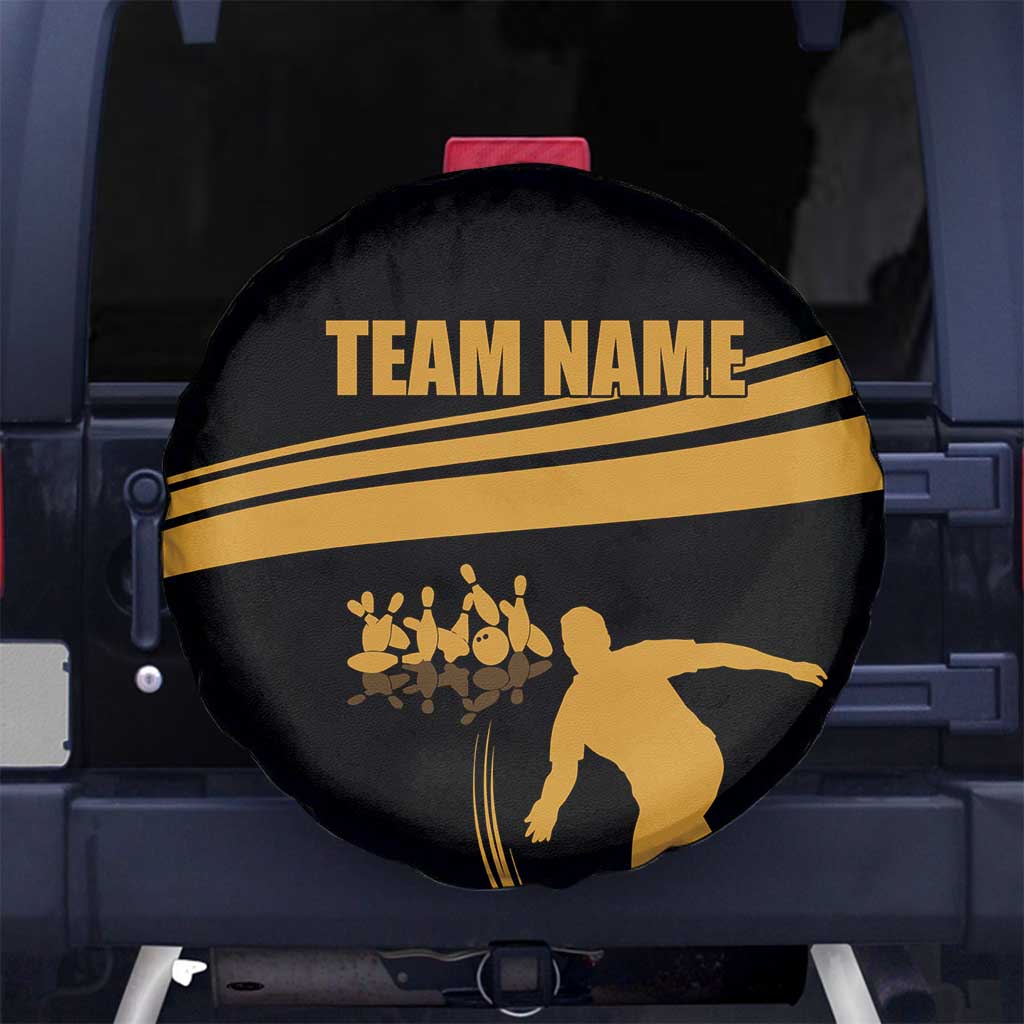 Bowling Player Silhouette Spare Tire Cover with Gold Strike Motion and Custom Team Name Design - Wonder Print Shop