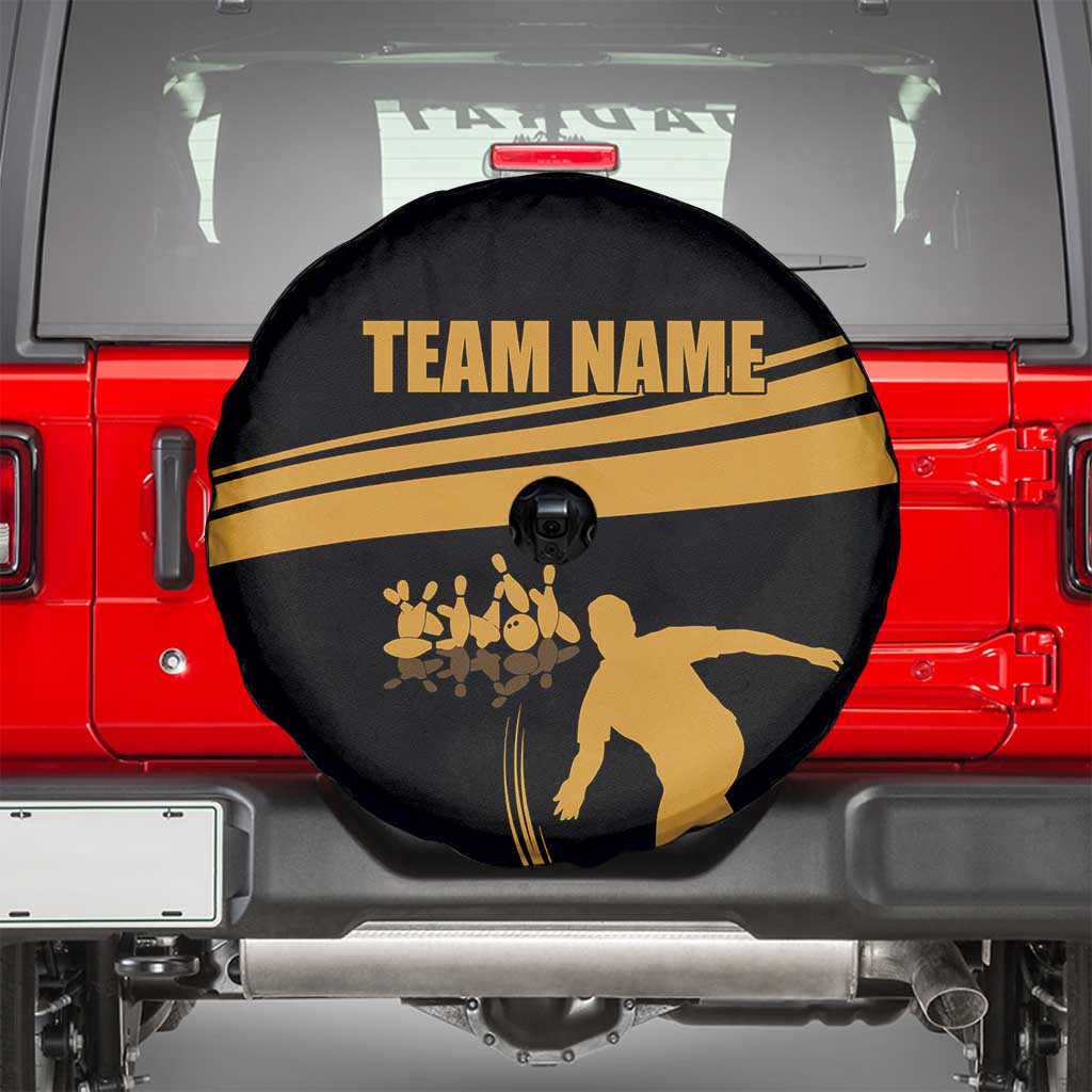 Bowling Player Silhouette Spare Tire Cover with Gold Strike Motion and Custom Team Name Design - Wonder Print Shop