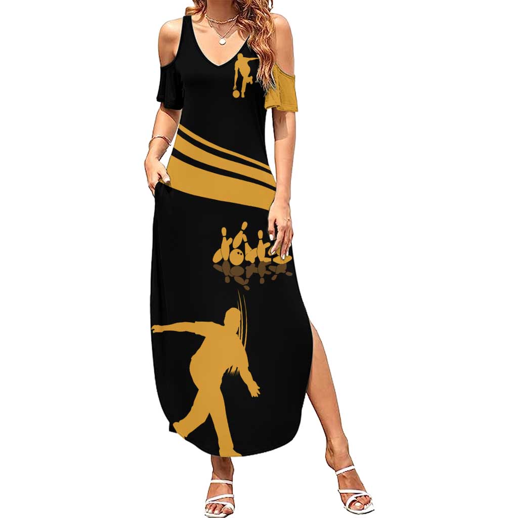 Bowling Player Silhouette Summer Maxi Dress with Gold Strike Motion and Custom Team Name Design - Wonder Print Shop