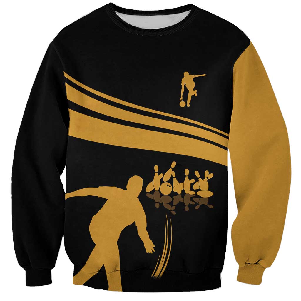 Bowling Player Silhouette Sweatshirt with Gold Strike Motion and Custom Team Name Design - Wonder Print Shop
