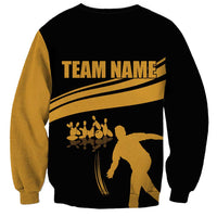 Bowling Player Silhouette Sweatshirt with Gold Strike Motion and Custom Team Name Design - Wonder Print Shop