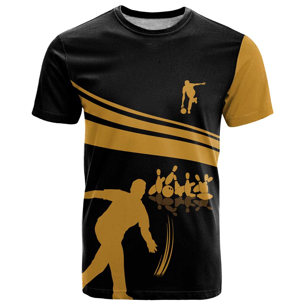 Bowling Player Silhouette T Shirt with Gold Strike Motion and Custom Team Name Design - Wonder Print Shop