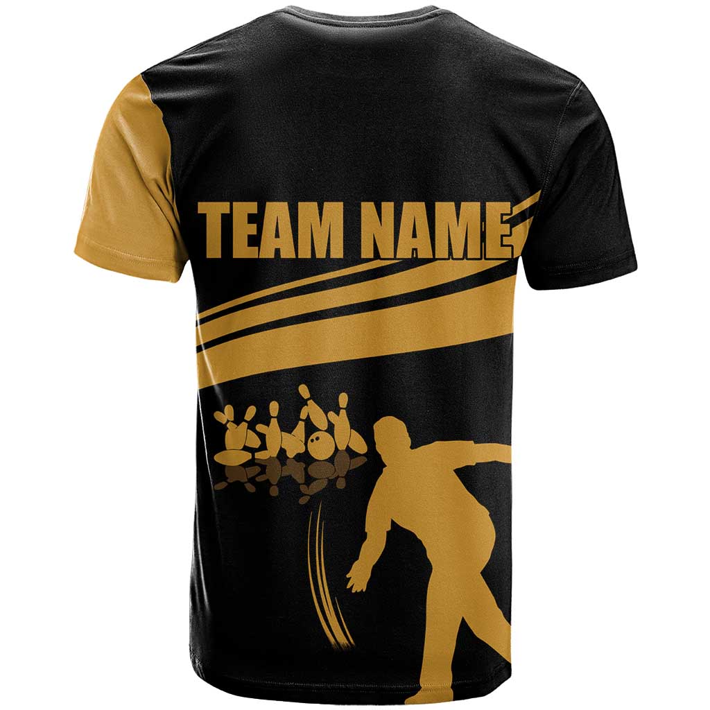 Bowling Player Silhouette T Shirt with Gold Strike Motion and Custom Team Name Design - Wonder Print Shop