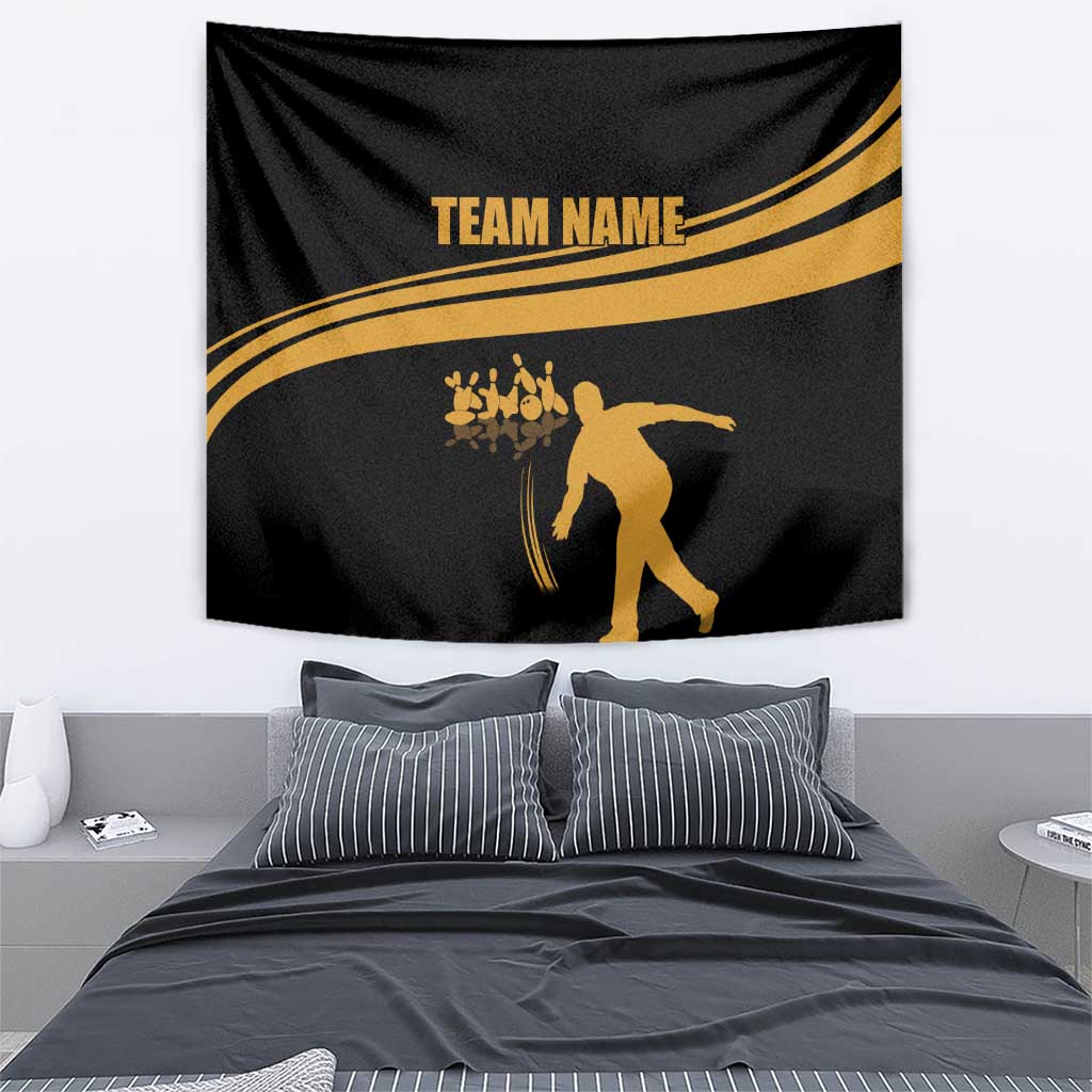 Bowling Player Silhouette Tapestry with Gold Strike Motion and Custom Team Name Design - Wonder Print Shop