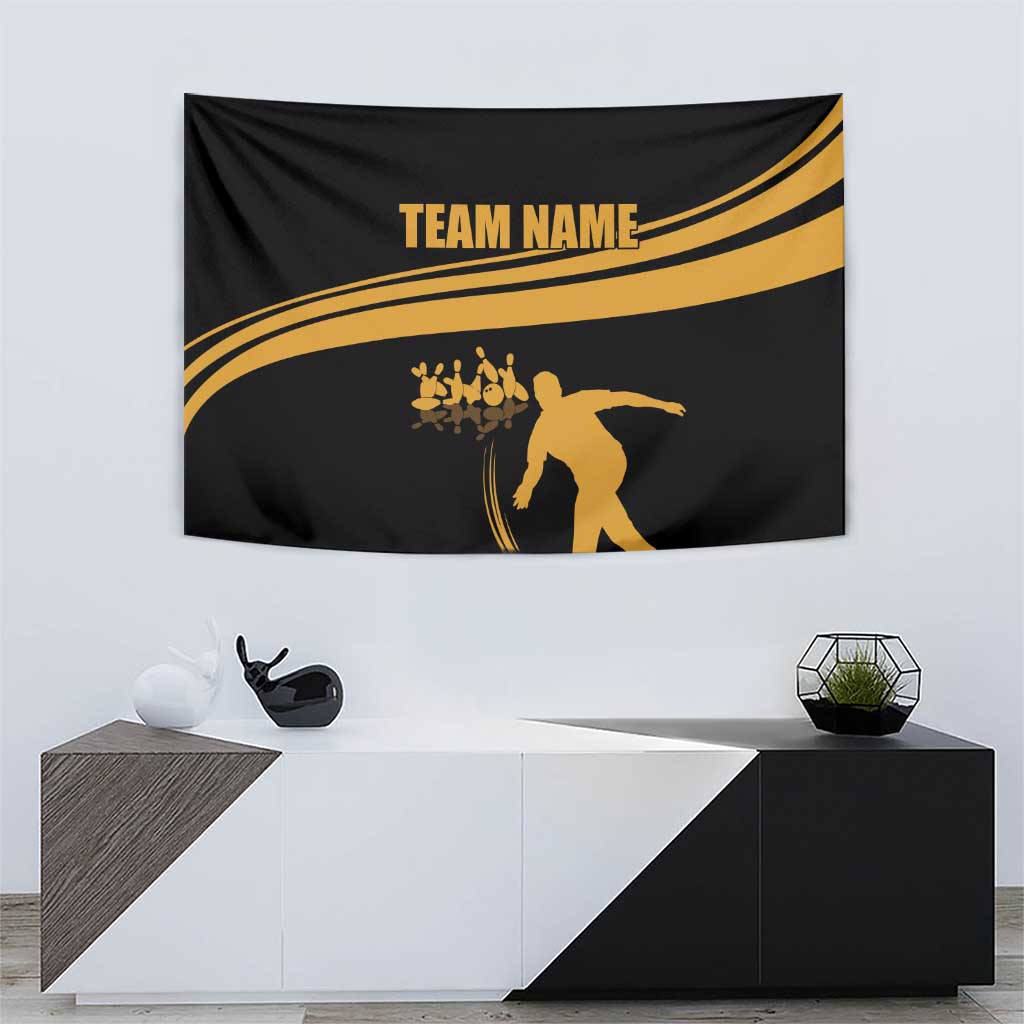 Bowling Player Silhouette Tapestry with Gold Strike Motion and Custom Team Name Design - Wonder Print Shop