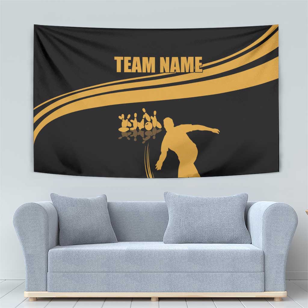 Bowling Player Silhouette Tapestry with Gold Strike Motion and Custom Team Name Design - Wonder Print Shop