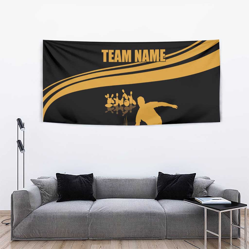 Bowling Player Silhouette Tapestry with Gold Strike Motion and Custom Team Name Design - Wonder Print Shop