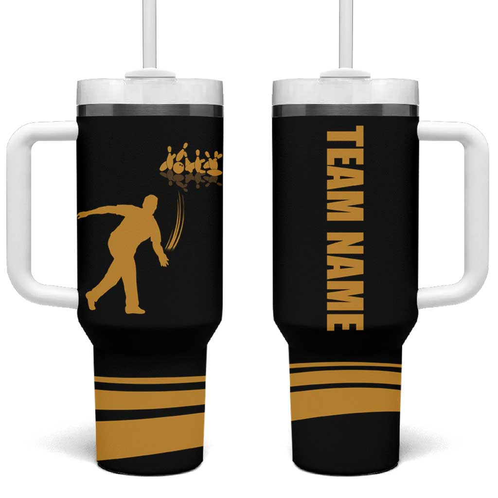 Bowling Player Silhouette Tumbler With Handle with Gold Strike Motion and Custom Team Name Design - Wonder Print Shop