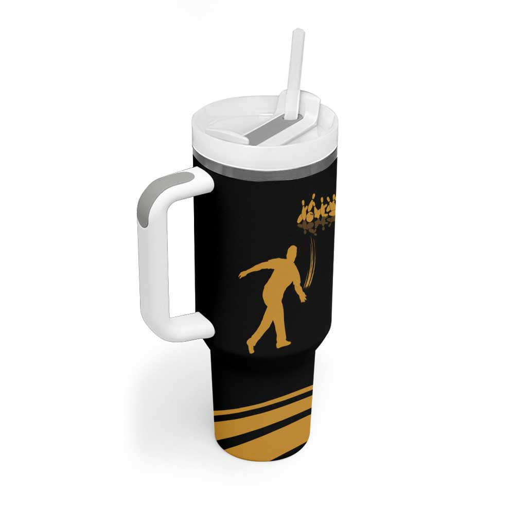 Bowling Player Silhouette Tumbler With Handle with Gold Strike Motion and Custom Team Name Design - Wonder Print Shop