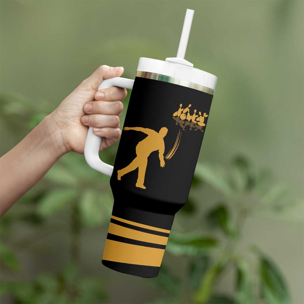 Bowling Player Silhouette Tumbler With Handle with Gold Strike Motion and Custom Team Name Design - Wonder Print Shop