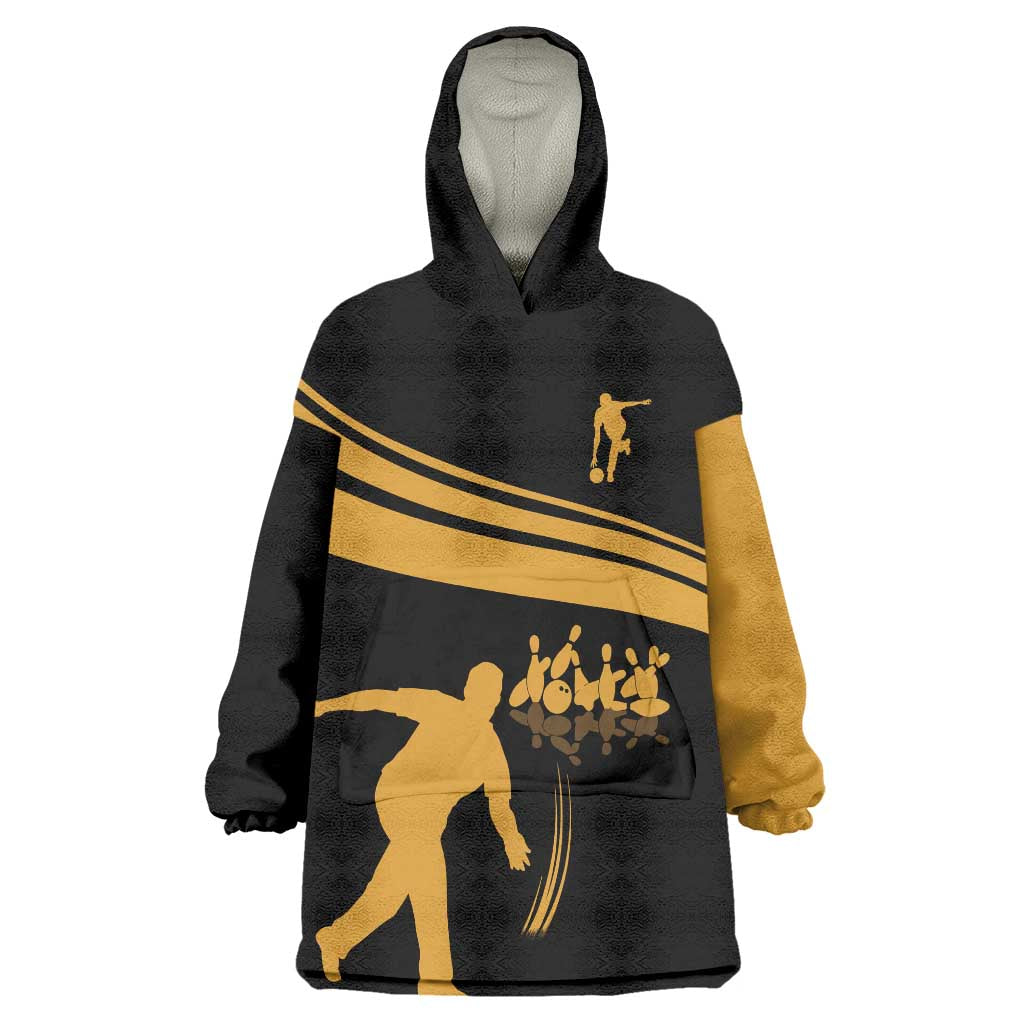 Bowling Player Silhouette Wearable Blanket Hoodie with Gold Strike Motion and Custom Team Name Design - Wonder Print Shop