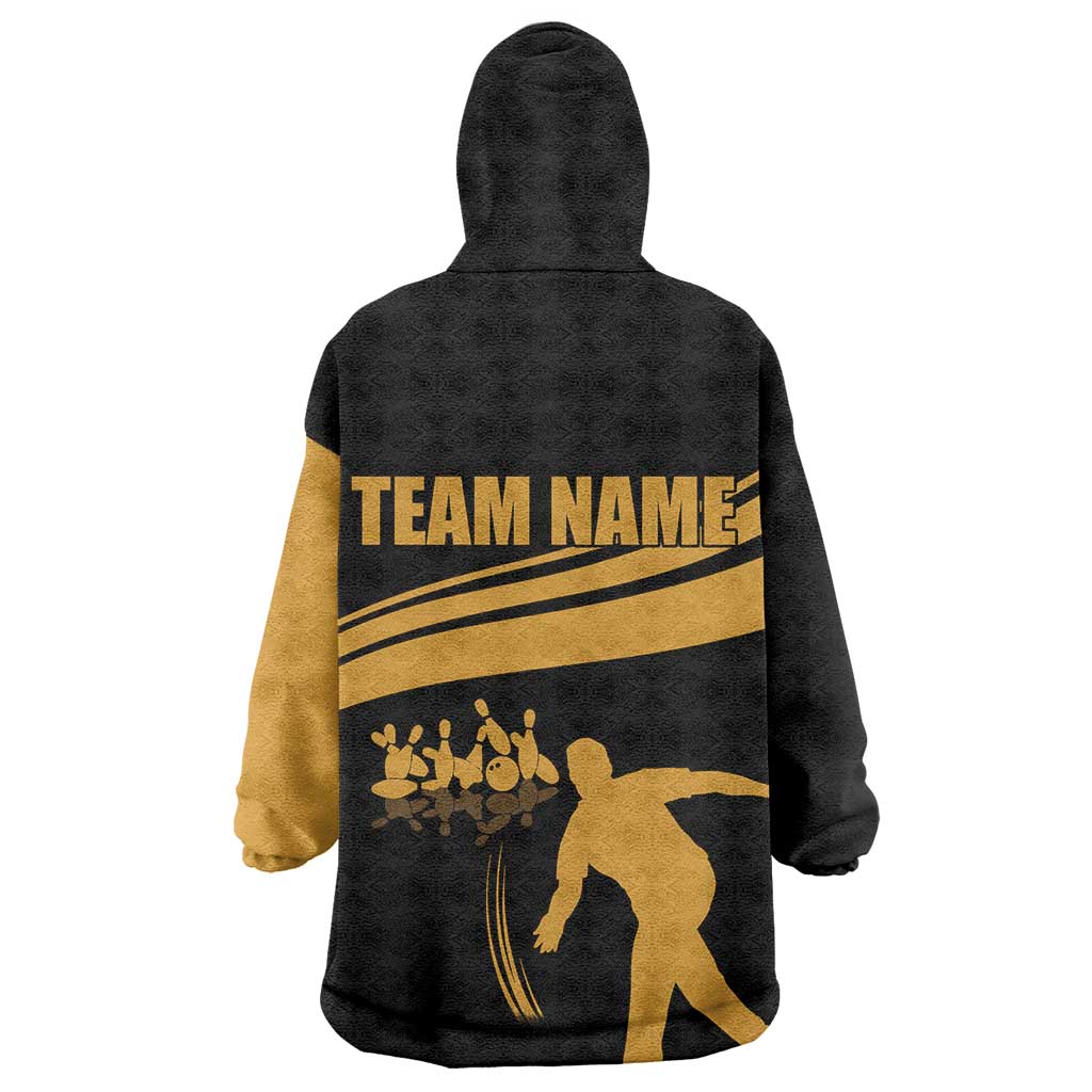 Bowling Player Silhouette Wearable Blanket Hoodie with Gold Strike Motion and Custom Team Name Design - Wonder Print Shop