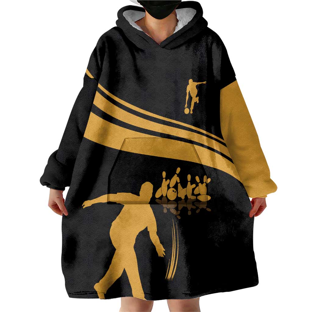Bowling Player Silhouette Wearable Blanket Hoodie with Gold Strike Motion and Custom Team Name Design - Wonder Print Shop