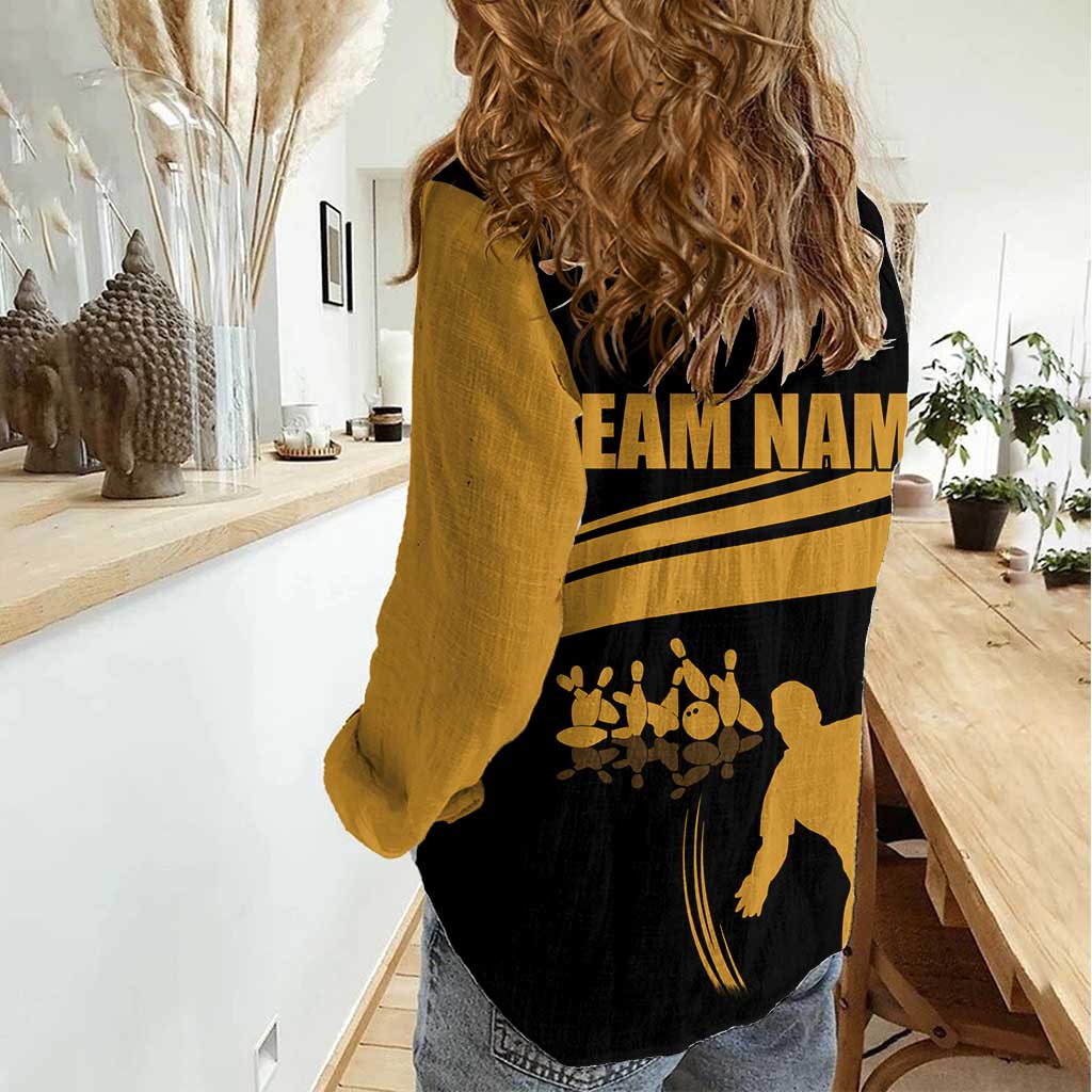 Bowling Player Silhouette Women Casual Shirt with Gold Strike Motion and Custom Team Name Design - Wonder Print Shop