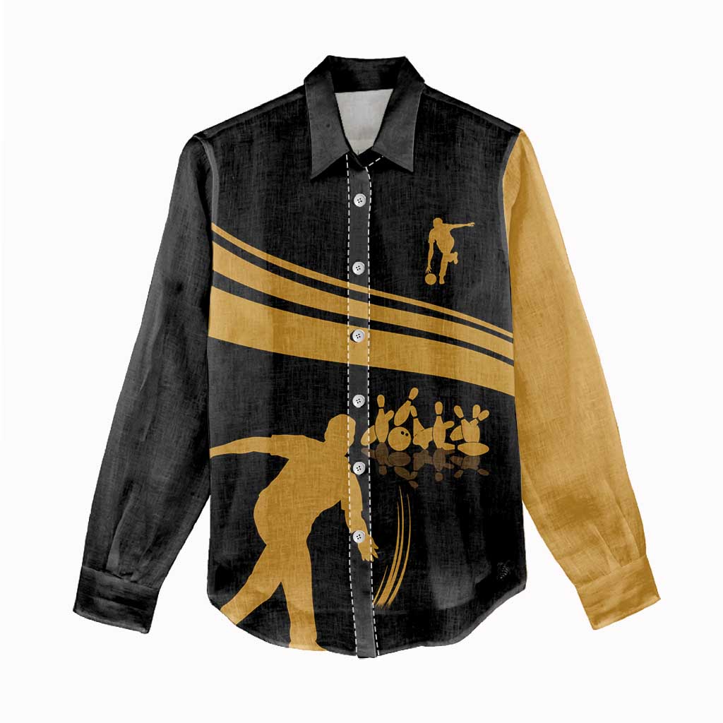 Bowling Player Silhouette Women Casual Shirt with Gold Strike Motion and Custom Team Name Design - Wonder Print Shop