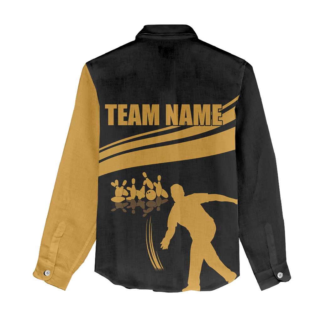 Bowling Player Silhouette Women Casual Shirt with Gold Strike Motion and Custom Team Name Design - Wonder Print Shop