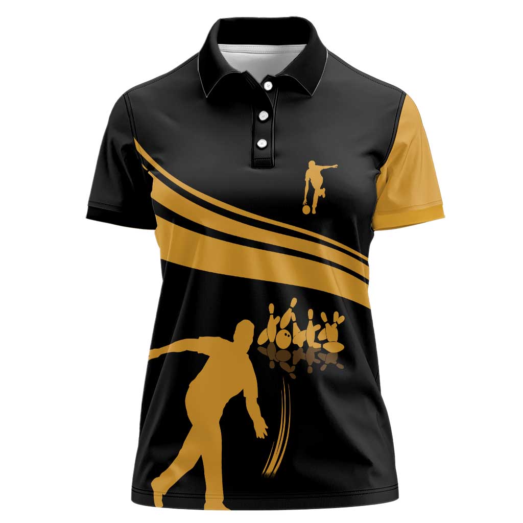 Bowling Player Silhouette Women Polo Shirt with Gold Strike Motion and Custom Team Name Design - Wonder Print Shop