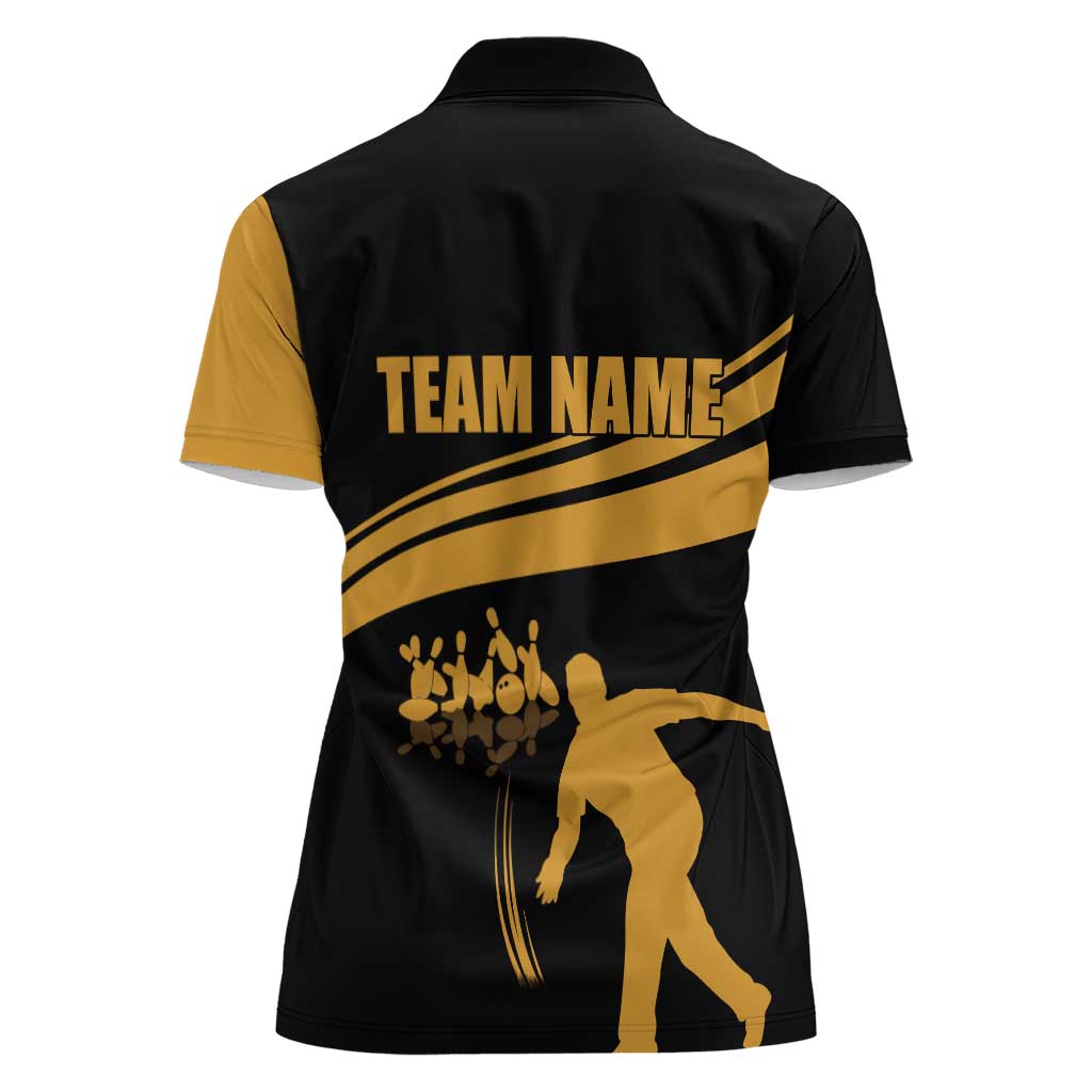 Bowling Player Silhouette Women Polo Shirt with Gold Strike Motion and Custom Team Name Design - Wonder Print Shop