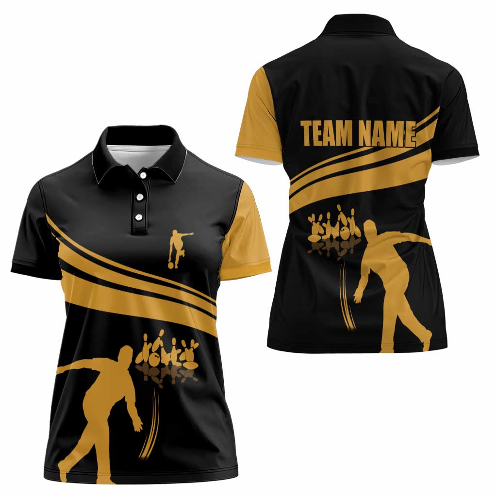 Bowling Player Silhouette Women Polo Shirt with Gold Strike Motion and Custom Team Name Design - Wonder Print Shop