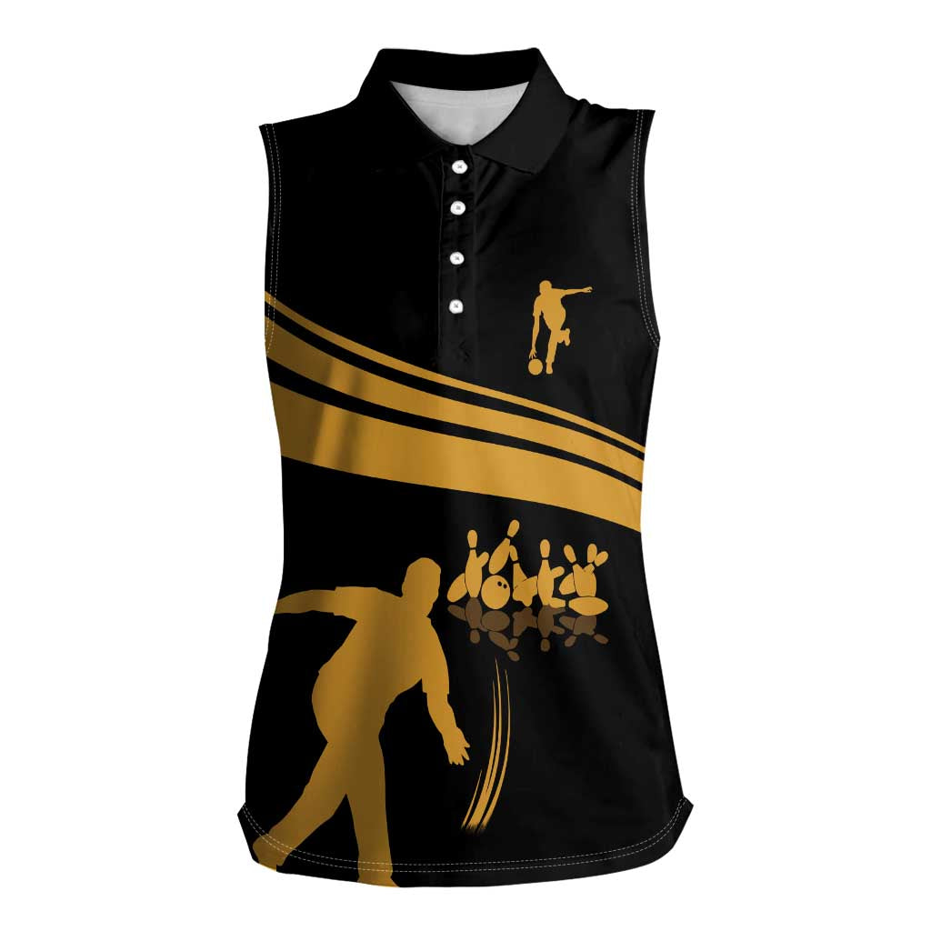 Bowling Player Silhouette Women Sleeveless Polo Shirt with Gold Strike Motion and Custom Team Name Design - Wonder Print Shop
