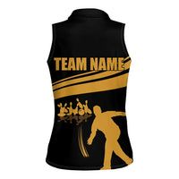 Bowling Player Silhouette Women Sleeveless Polo Shirt with Gold Strike Motion and Custom Team Name Design - Wonder Print Shop