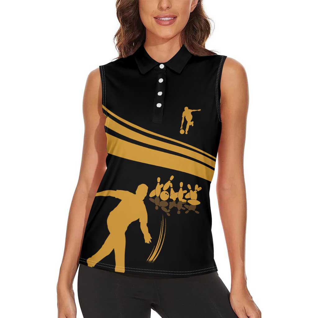 Bowling Player Silhouette Women Sleeveless Polo Shirt with Gold Strike Motion and Custom Team Name Design - Wonder Print Shop