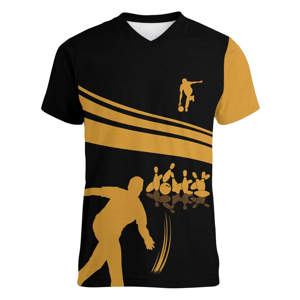 Bowling Player Silhouette Women V-Neck T-Shirt with Gold Strike Motion and Custom Team Name Design - Wonder Print Shop