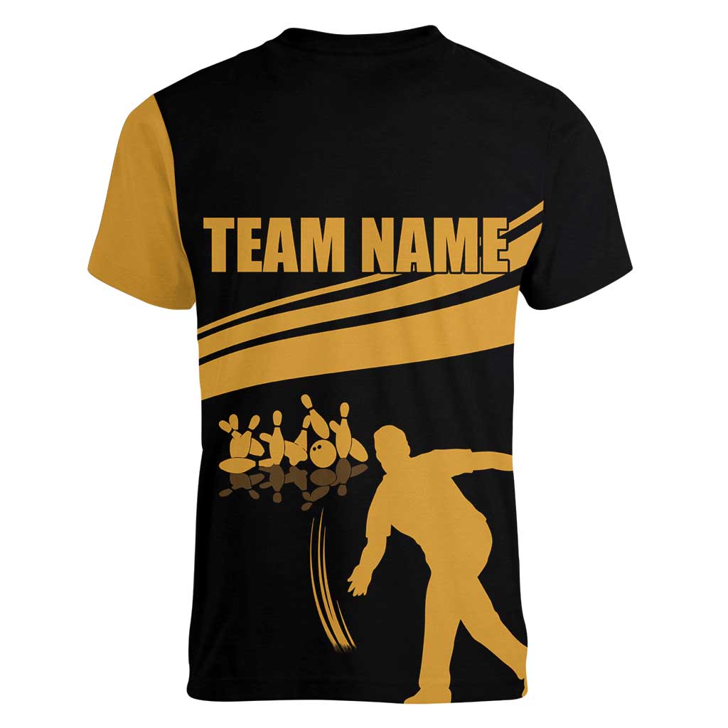 Bowling Player Silhouette Women V-Neck T-Shirt with Gold Strike Motion and Custom Team Name Design - Wonder Print Shop