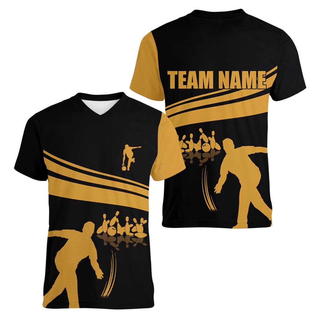 Bowling Player Silhouette Women V-Neck T-Shirt with Gold Strike Motion and Custom Team Name Design - Wonder Print Shop