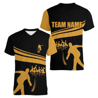 Bowling Player Silhouette Women V-Neck T-Shirt with Gold Strike Motion and Custom Team Name Design - Wonder Print Shop