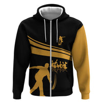 Bowling Player Silhouette Zip Hoodie with Gold Strike Motion and Custom Team Name Design - Wonder Print Shop