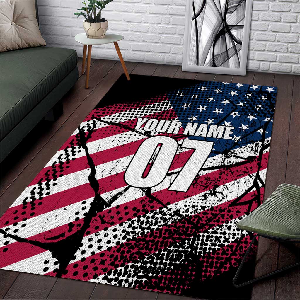 Motocross Rider Area Rug with American Flag Grunge Pattern and Custom Name Number - Wonder Print Shop