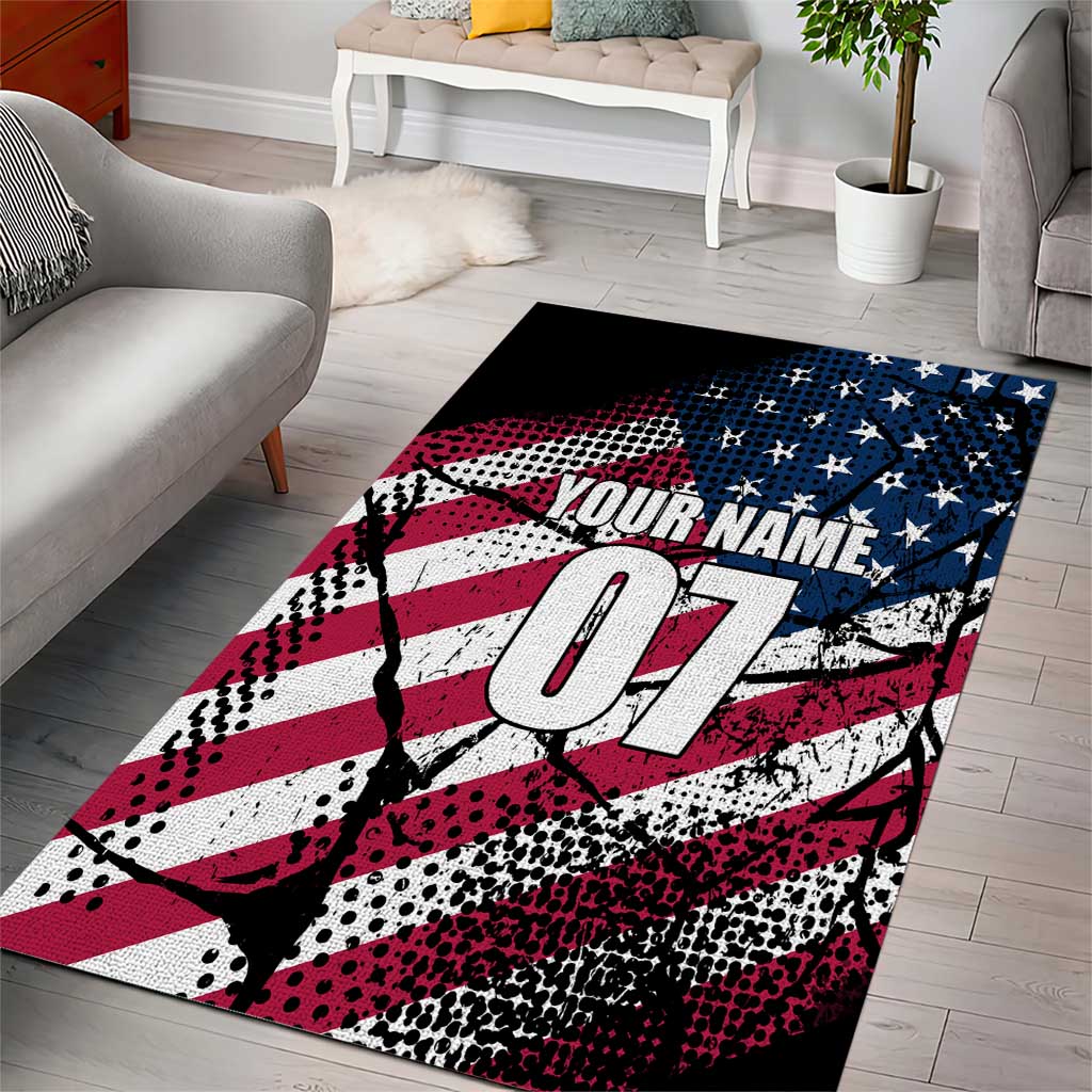 Motocross Rider Area Rug with American Flag Grunge Pattern and Custom Name Number - Wonder Print Shop