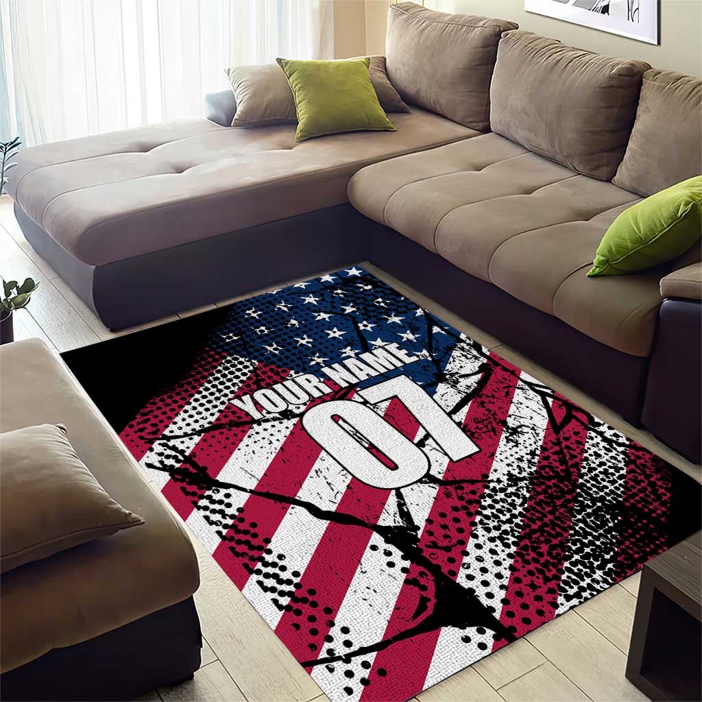Motocross Rider Area Rug with American Flag Grunge Pattern and Custom Name Number - Wonder Print Shop