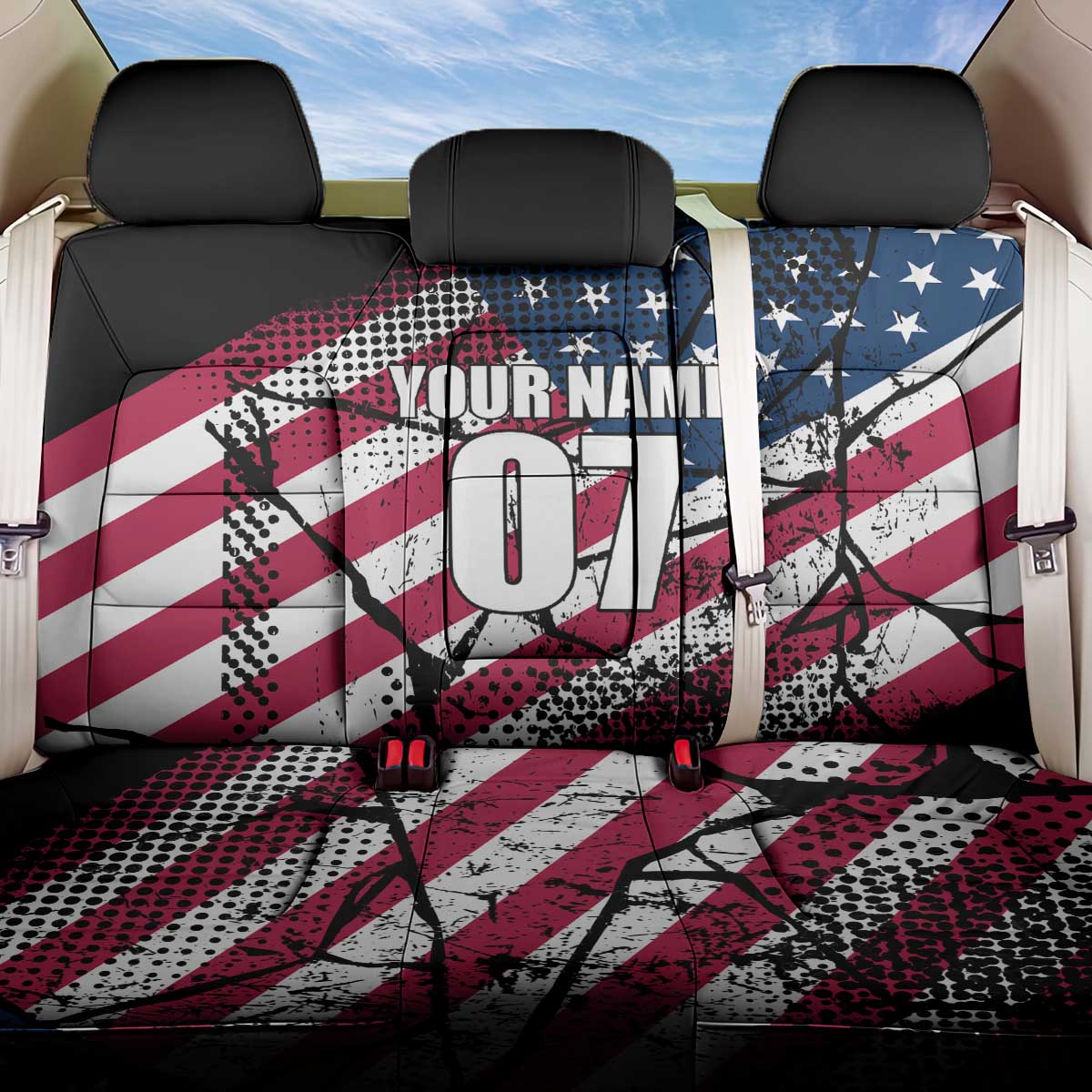 Motocross Rider Back Car Seat Cover with American Flag Grunge Pattern and Custom Name Number - Wonder Print Shop