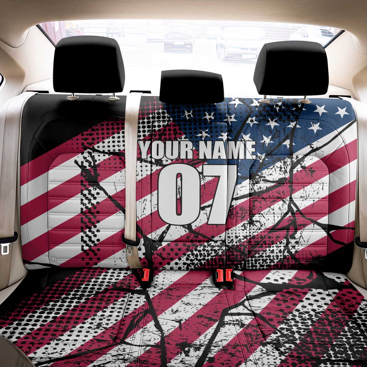 Motocross Rider Back Car Seat Cover with American Flag Grunge Pattern and Custom Name Number - Wonder Print Shop