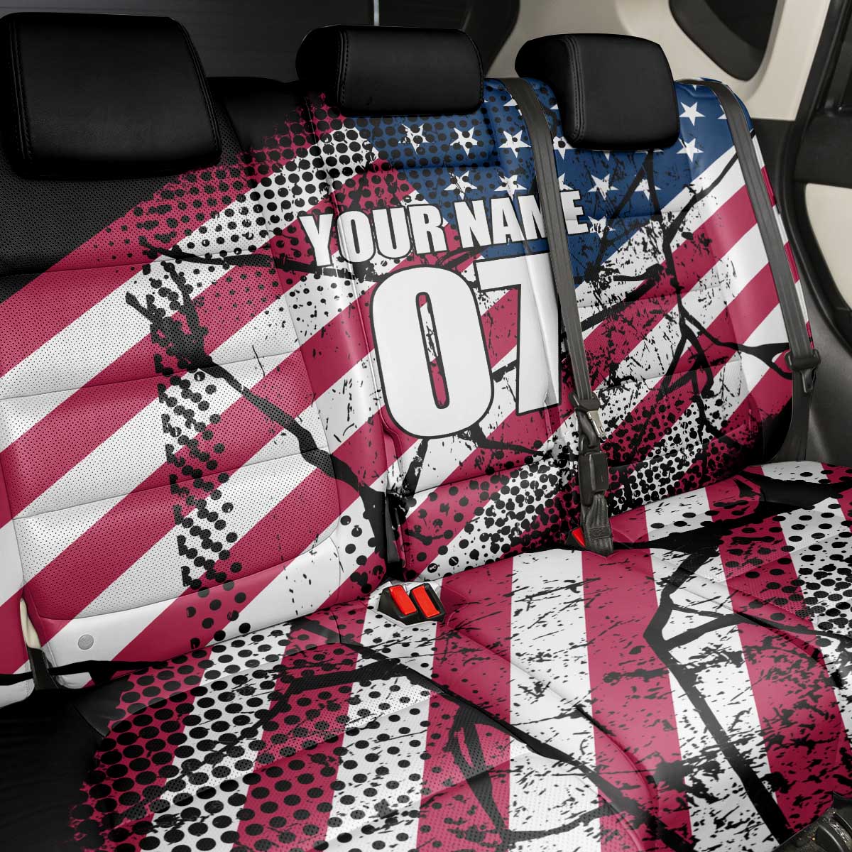 Motocross Rider Back Car Seat Cover with American Flag Grunge Pattern and Custom Name Number - Wonder Print Shop