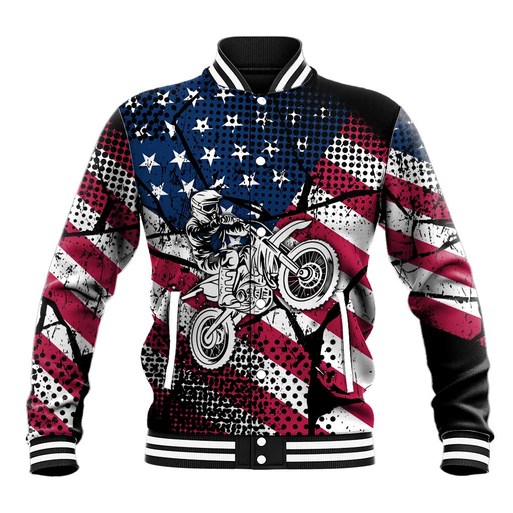 Motocross Rider Baseball Jacket with American Flag Grunge Pattern and Custom Name Number - Wonder Print Shop