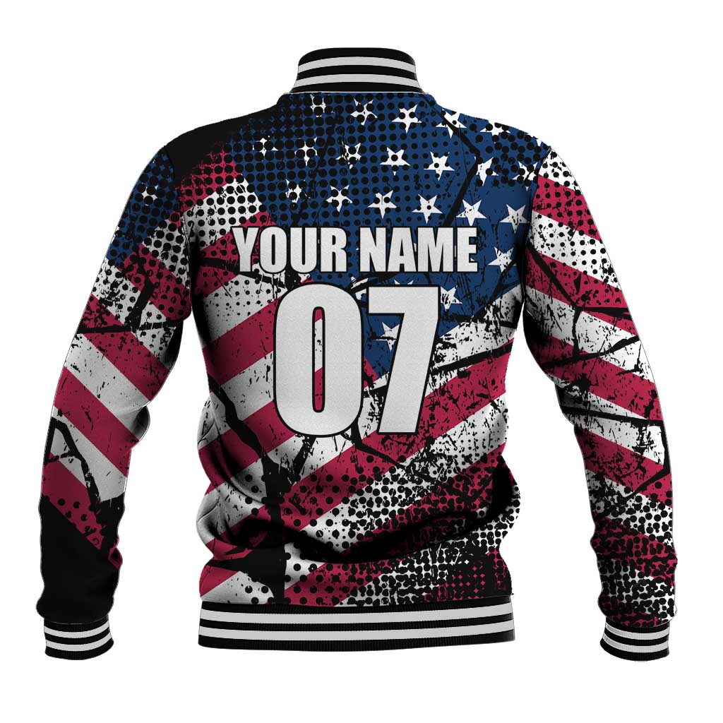 Motocross Rider Baseball Jacket with American Flag Grunge Pattern and Custom Name Number - Wonder Print Shop