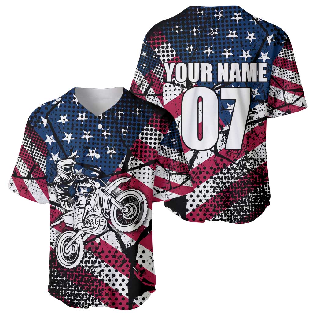 Motocross Rider Baseball Jersey with American Flag Grunge Pattern and Custom Name Number - Wonder Print Shop