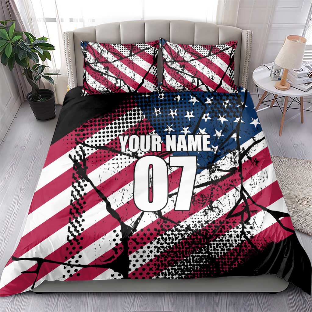 Motocross Rider Bedding Set with American Flag Grunge Pattern and Custom Name Number - Wonder Print Shop