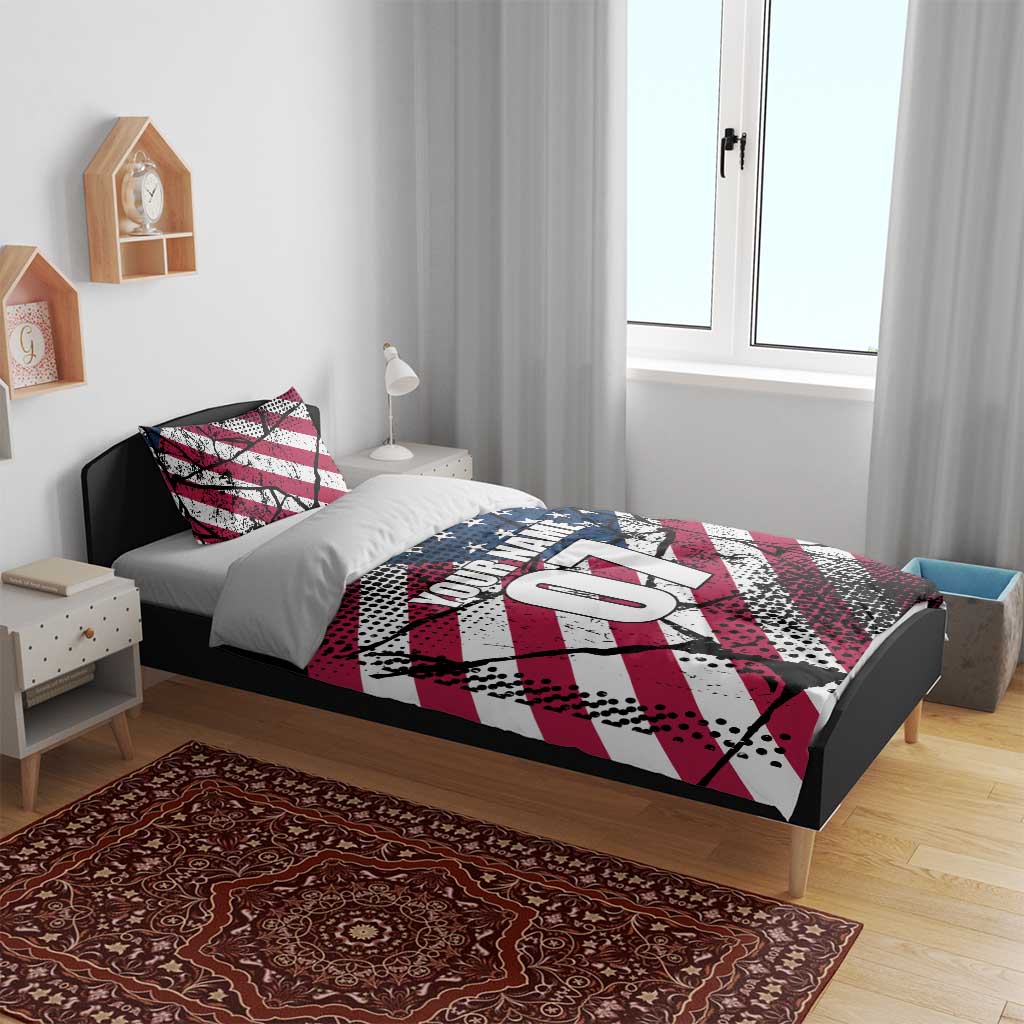 Motocross Rider Bedding Set with American Flag Grunge Pattern and Custom Name Number - Wonder Print Shop