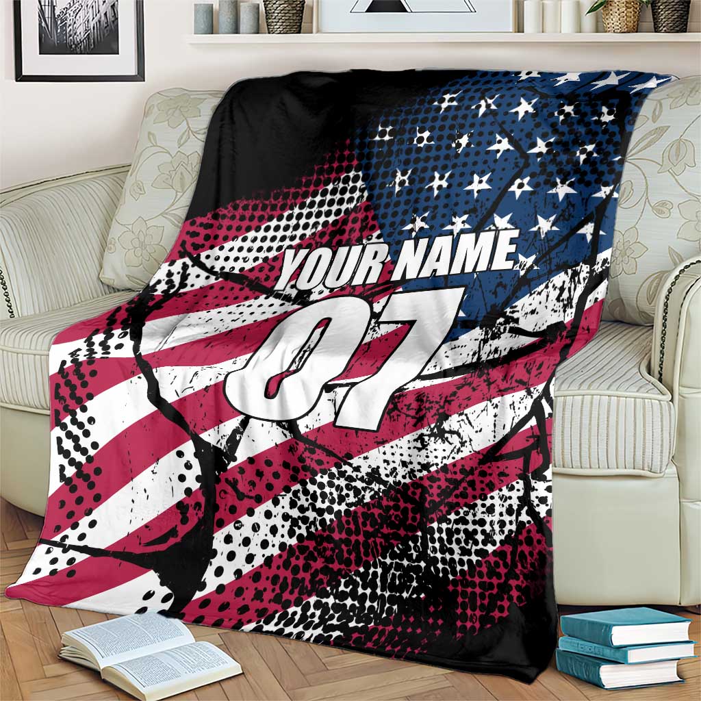 Motocross Rider Blanket with American Flag Grunge Pattern and Custom Name Number - Wonder Print Shop