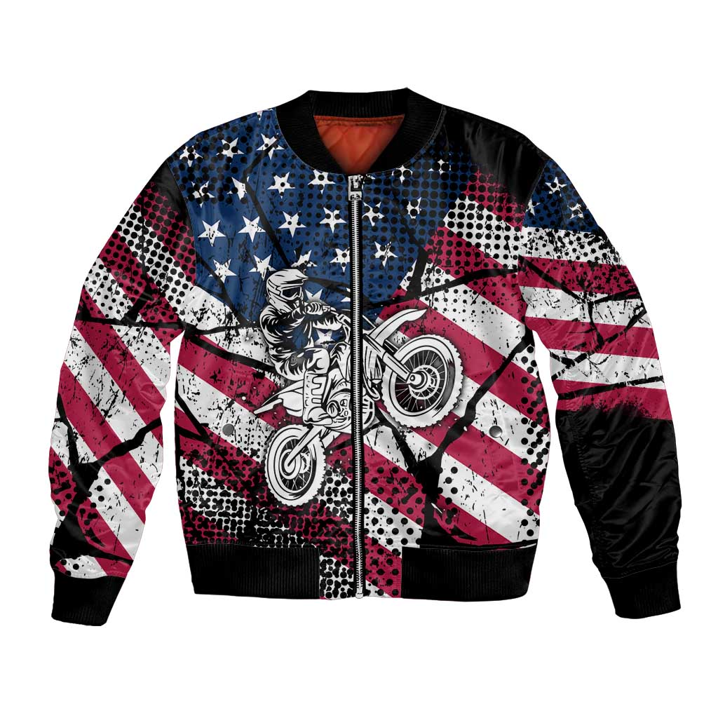 Motocross Rider Bomber Jacket with American Flag Grunge Pattern and Custom Name Number - Wonder Print Shop