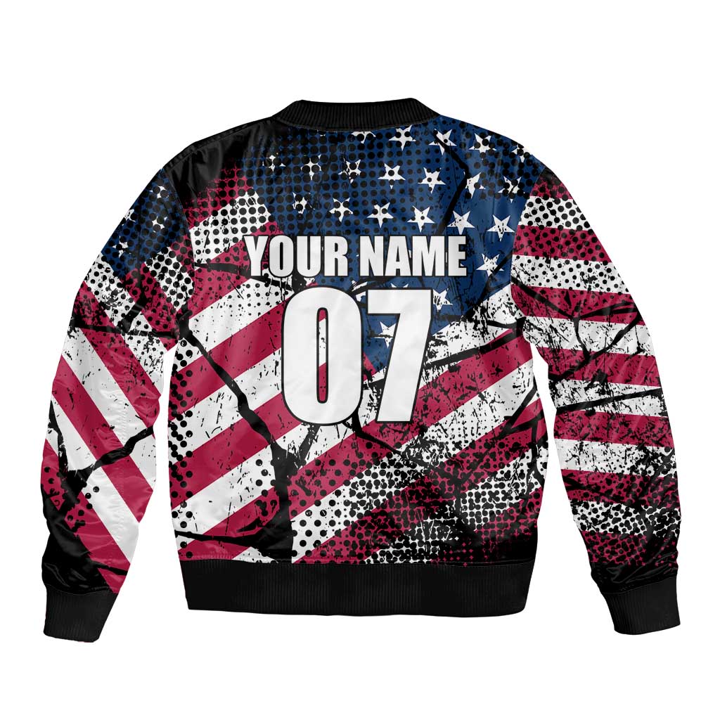 Motocross Rider Bomber Jacket with American Flag Grunge Pattern and Custom Name Number - Wonder Print Shop