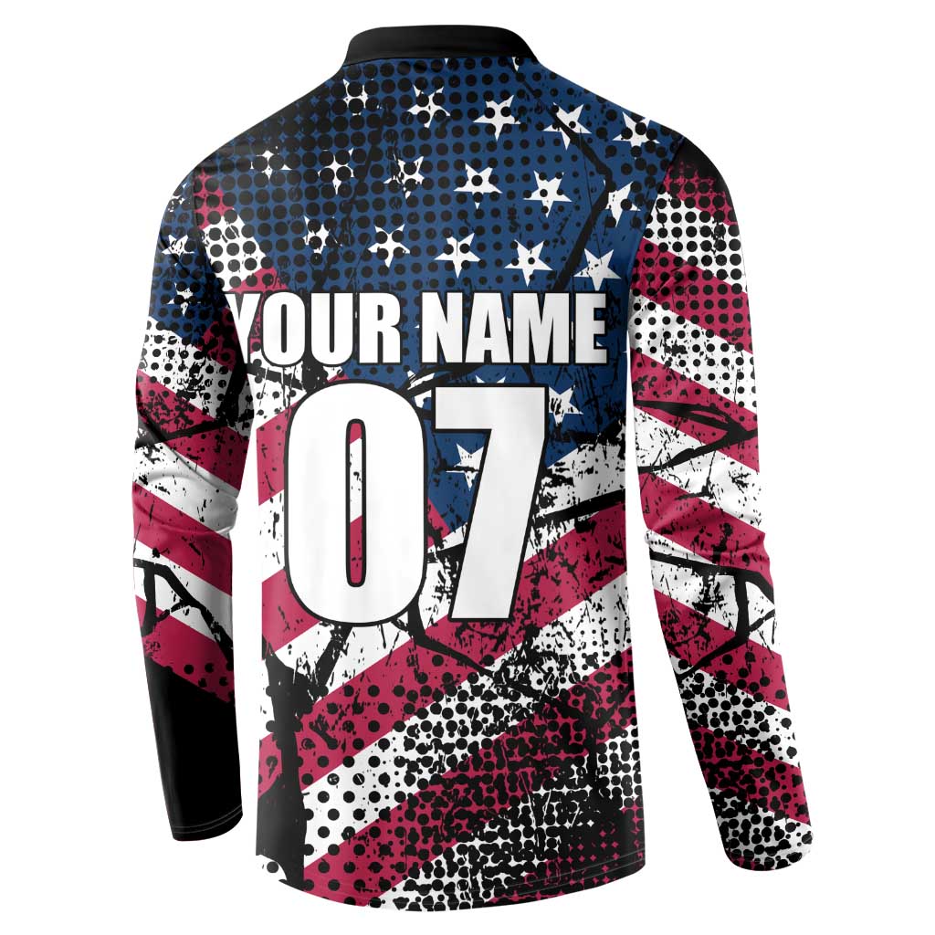 Motocross Rider Button Sweatshirt with American Flag Grunge Pattern and Custom Name Number - Wonder Print Shop