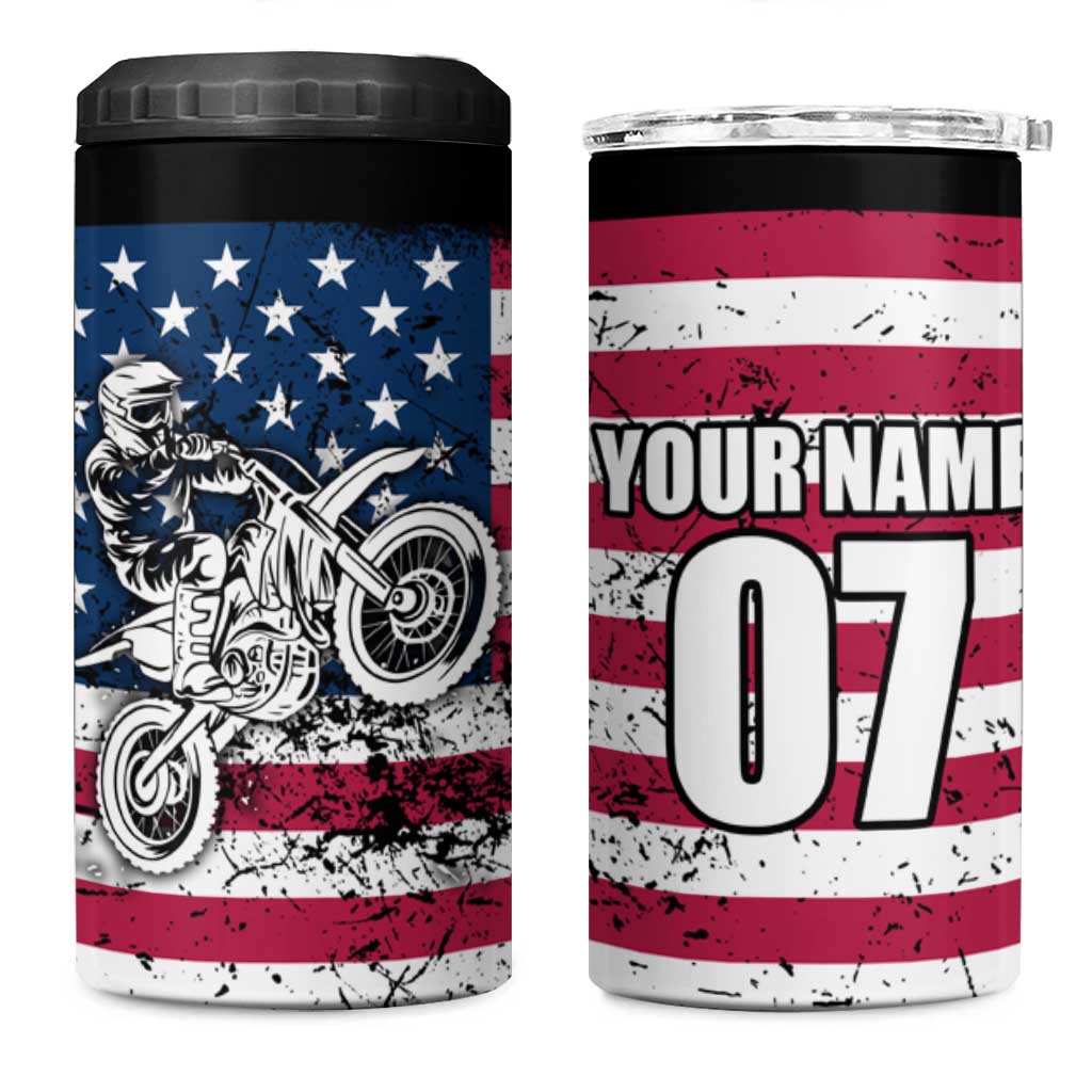 Motocross Rider 4 in 1 Can Cooler Tumbler with American Flag Grunge Pattern and Custom Name Number - Wonder Print Shop