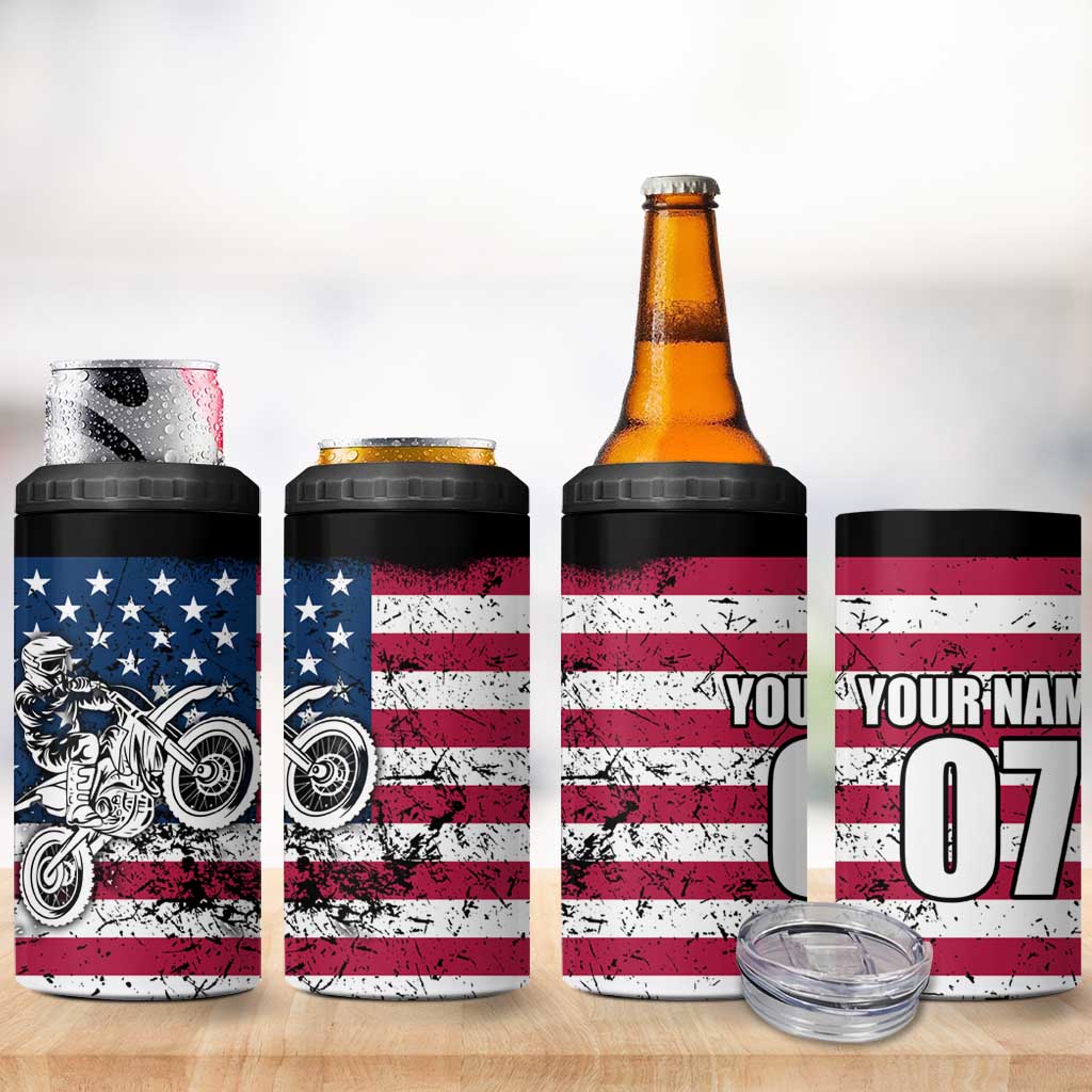 Motocross Rider 4 in 1 Can Cooler Tumbler with American Flag Grunge Pattern and Custom Name Number - Wonder Print Shop
