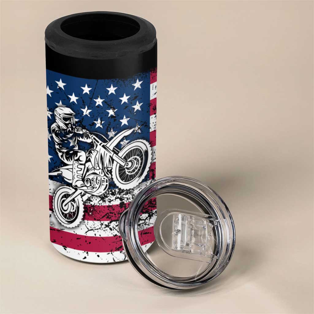 Motocross Rider 4 in 1 Can Cooler Tumbler with American Flag Grunge Pattern and Custom Name Number - Wonder Print Shop