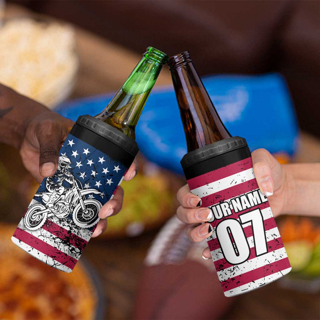 Motocross Rider 4 in 1 Can Cooler Tumbler with American Flag Grunge Pattern and Custom Name Number - Wonder Print Shop